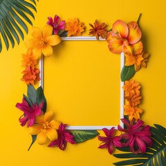 a blank floral frame made with tropical flowers and leaves