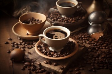 aroma brown cup bean mug cafe morning espresso breakfast drink. Generative AI.