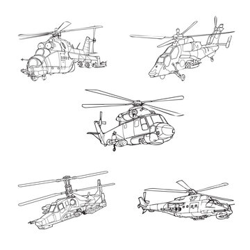 set of sketches of military helicopters.  Vector image of EPS 10
