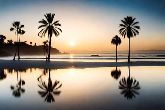 beautiful landscape with palm leaf silhouette , hyper-realistic photo