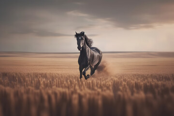 Young brown horse galloping, jumping on the field on a neutral background. Neural network AI generated art Generative AI