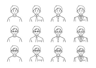 ほほえむ男性のバストアップイラスト　メガネありなしセット(線のみ)
