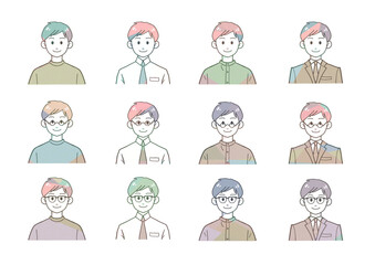 ほほえむ男性のバストアップイラスト　メガネありなしセット(マルチカラー)