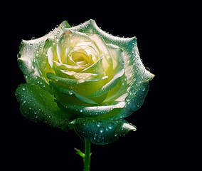 A green rose with water droplets on a black background, generative AI