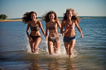 Portrait girls playing on the beach AI Generative