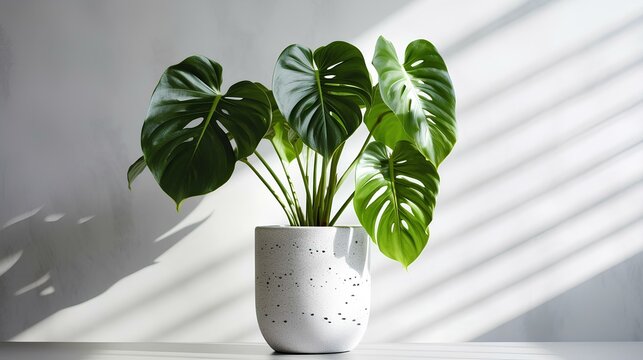 clean image of a large leaf plant Monstera deliciosa in a gray pot on a white background. generative AI