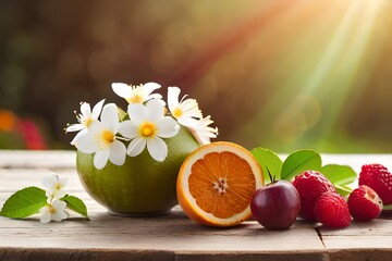 hyper-realistic camera shot of coffee  fruit and flower on the table, cinematic lighting, insane detailing