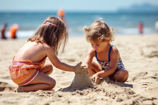 Portrait children playing sand castles on the beach AI Generative