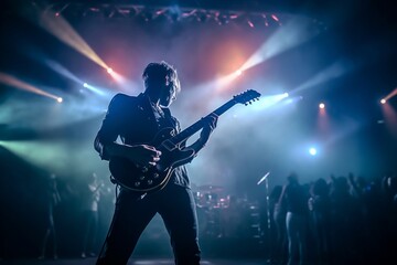 Man playing guitar on the stage AI Generative