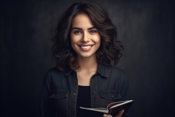 Beautiful woman holding book smiling confident AI Generative