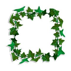 Ivy liana grass with green leaves. Cartoon square border for greeting card decorating, invitation cards. Colored vector isolated on white background
