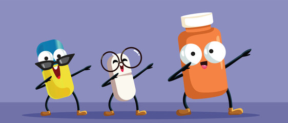 Happy Cheerful Dabbing Pills Vector Cartoon illustration. Cheerful medication mascots feeling food of energy dancing 
