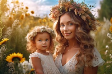 Portrait a mother and daughter with flower on the meadow AI Generative