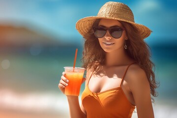 Portrait woman holding cocktail in the beach AI Generative