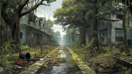 Digital painting abandoned city with trees AI Generative