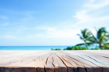 AI generative. Empty wooden table  with blur beautiful tropical beach on background