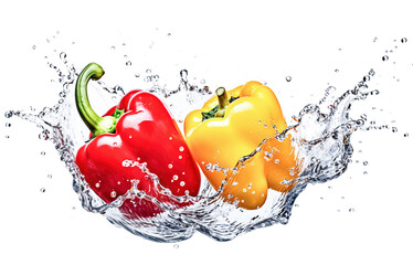 AI generative. Bell peppers splashing in the water