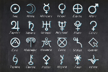 The Twenty-four Astronomical object glyphs drawn on a blackboard