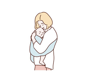 Mother and Baby kissing and hugging. Happy Family. Hand drawn style vector design illustrations.