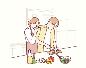 Young happy couple is enjoying and preparing healthy meal in their kitchen. Hand drawn style vector design illustrations.