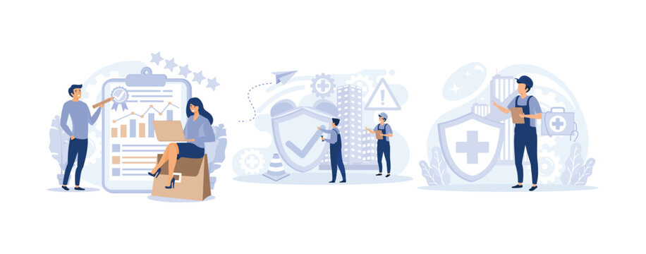 Working environment concept, Quality work, workplace safety, occupational health, employee performance, set flat vector modern illustration