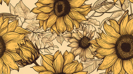 sunflower seamless pattern art, yellow flower, outline art