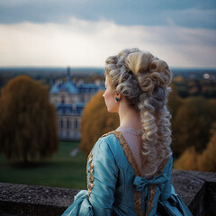 a young french noblewoman from the 18th century with a chateau resembling Versailles in the...