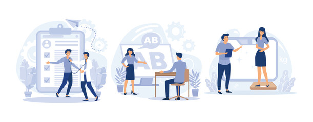 General health check up, Head to toe physical examination, developmental screening, Body Mass Index BMI metaphors. set flat vector modern illustration