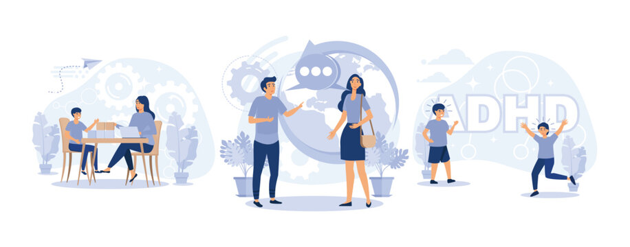 Child psychology, Social-emotional development, social interaction skills, ADHD, set flat vector modern illustration