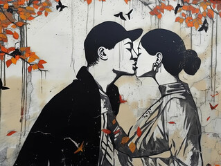 Fototapeta premium mural painting of a kissing couple - generative AI