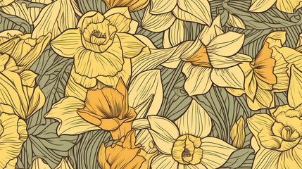 Fototapeta na wymiar Daffodil yellow flower, seamless pattern, outline art