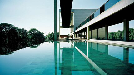 modern bauhaus-style building reflecting in water of a large residential pool - generative AI