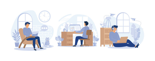  working at home concept, Work at the desk. Work in the living room. Working by the window. set flat vector modern illustration
