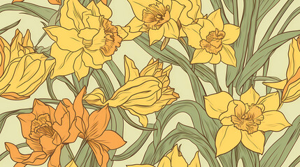 Daffodil seamless pattern, yellow flower, outline art