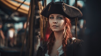 Obraz na płótnie Canvas Lady pirate captain standing proudly on her pirate ship. Generative AI