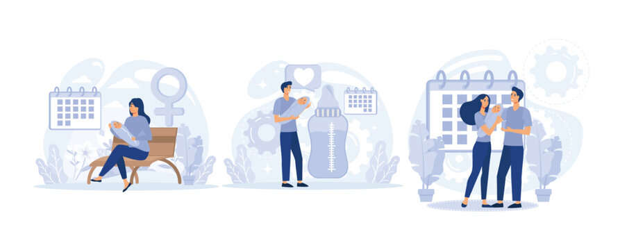 Gender equality issues in child upbringing. Maternity leave, paternity leave, parental leave, set flat vector modern illustration