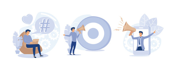Modern promotion methods,  Marketing network,  Cross-posting, find leads, post engagement, set flat vector modern illustration 