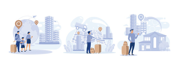 International and interurban human migration. Settling place flat vector modern  illustration 