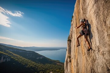 Person climbing a rock AI Generative