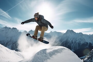 Naklejka na ściany i meble Snowboarding jump on the hill AI Generative