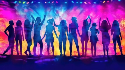AI-generated image of concertgoers with neon lighting creating a silhouette effect. (Generative AI)
