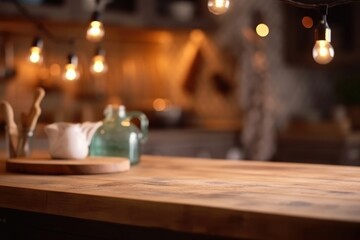 Naklejka na ściany i meble The rustic kitchen background has an empty wooden table and out of focus lights. (Generative AI)