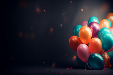 A bunch of colorful balloons in front of a black background