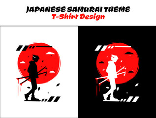 Silhouette japan samurai vector for design t-shirt concept. Samurai with red moon t-shirt design. Samurai Vector Illustration. Urban samurai with blood streetwear theme tshirt. 