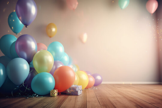 Colorful balloons on the floor in a room with a white wall and a gold star