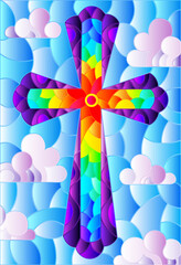 Illustration in stained glass style with bright cross on a background of blue sky and clouds