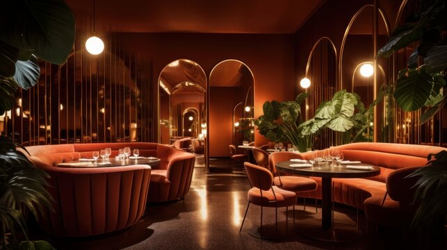 Modern and spacious restaurant with a stylish and modern interior design. Generative AI