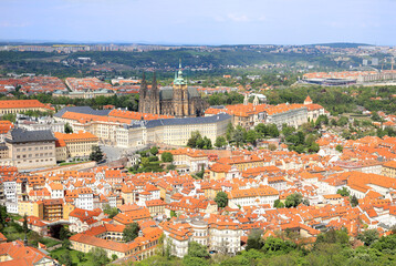Fototapeta na wymiar Panorama bird-eye view of the Prague Castle and the lesser town houses with red roofs in Prague, Czech Republic