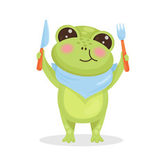 Hungry cartoon frog character chewing food with knife and fork in hand.Blue napkin around the neck. Vector isolated illustration.Mascot, for website, design, social media, printshop, prints