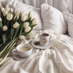 Fototapeta na wymiar Coffee and White Tulips Bedside Beauty. Generative AI